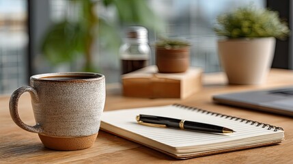 Coffee mugs conference room scene with notepad and pen, business meeting preparation concept for office, design ads