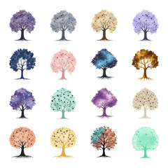 Fantasy trees with astronomical and dreamy elements, galaxy and constellation patterns colorful designs.