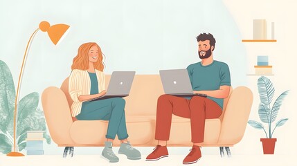 cheerful man and woman sitting on sofa with laptop, lifestyle concept, bright natural light 
