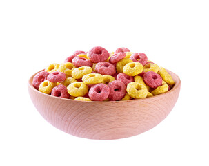 wooden bowl of corn rings and strawberry rings isolated on a white background.