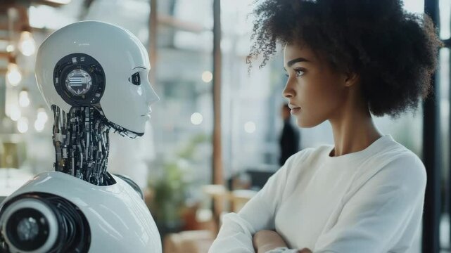Human and robot faceoff in futuristic technology setting