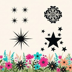 Whimsical composition featuring colorful flowers and black starbursts and stars on a cream background