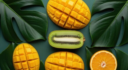 Arrangement of mango, kiwi, and orange slices with tropical foliage around them
