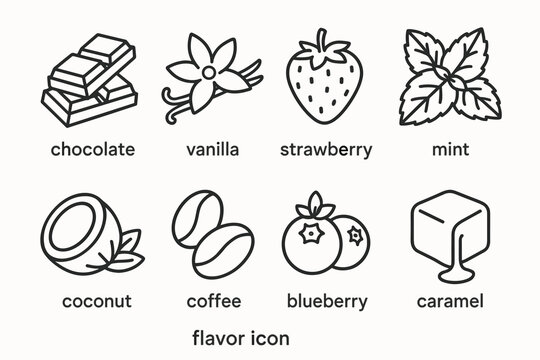 Flavor icons: chocolate, vanilla, strawberry, mint, coconut, coffee, blueberry, caramel