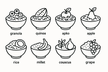 Black and white icons of various grains and fruits in bowls