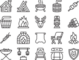 20 Black and White Line Art Icons Camping, Hiking, and Wilderness Adventures