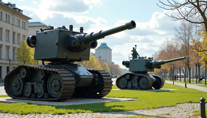 Whimsical military vehicle art installation outdoors under blue sky