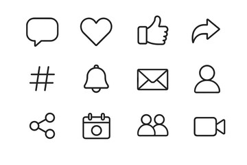 Minimalist black line icons: social media and communication symbols collection