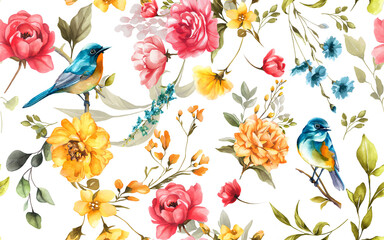 A lively pattern of pink roses, yellow blooms, and blue flowers surrounds two bluebirds lush greenery and bright tones form a vibrant, nature-inspired composition