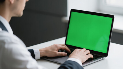 Man working on a laptop with green screen display, remote work concept, editable