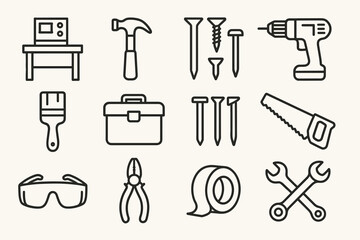 Outline icons of various tools: hammer, drill, nails, saw, toolbox, goggles, pliers, tape, wrench