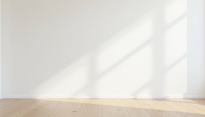 Bright interior space featuring light wooden planks and a white wall adorned with striking