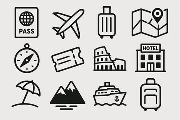 Travel icons set featuring airplane, luggage, map, compass, and more