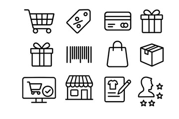Digital shopping icons: cart, tag, credit card, gift, barcode, bag, box, storefront, review