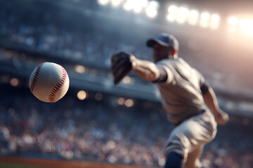 Professional baseball pitcher throwing ball in crowded stadium during championship game