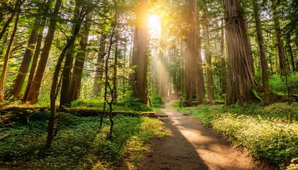 Obraz premium sunlight filtering through majestic trees in lush forest with pathway