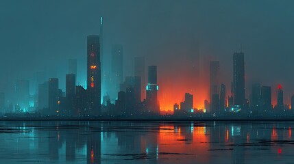 Cyberpunk city grey sky with glowing neon signs and futuristic skyline, urban tech concept for gaming, virtual, and design ads