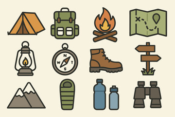 Camping equipment icons: tent, backpack, campfire, map, lantern, compass, boots, sign, mountains, sleeping bag, water bottles, binoculars