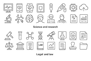 Science and law icons: medicine, research, and legal symbols on gray background