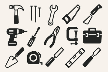 Silhouette of various tools: hammer, drill, wrench, saw, screwdriver, toolbox