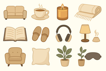 Cozy home essentials - cup, candle, blanket, book, slippers, headphones, lamp, chair, pillow, plants