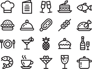 A Set of 20 Black and White Line Art Food and Drink Icons