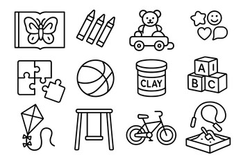 Children's toys and activities outline icons set