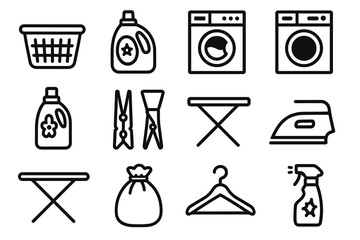 Laundry icons set: basket, detergent, washing machine, drying rack, iron, hanger