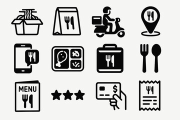 Food delivery icons: takeout, scooter, map pin, smartphone, meal, briefcase, cutlery, menu, rating