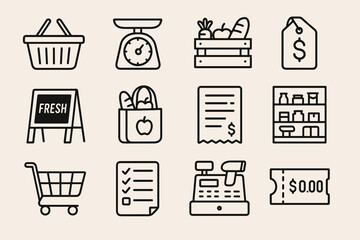 Shopping icons set: grocery, basket, receipt, cart, fresh produce