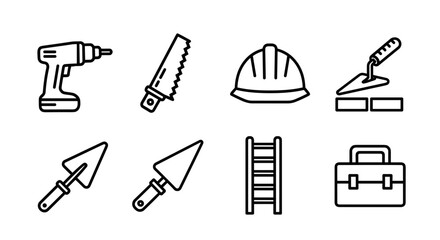 Fototapeta premium Illustration of construction tools including a drill, saw, helmet, and various trowels tools