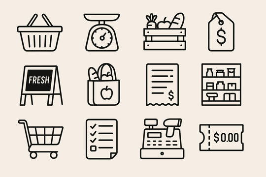 Shopping icons set: grocery, basket, receipt, cart, fresh produce