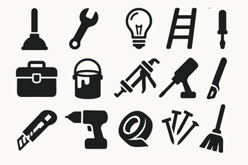 Obraz premium Silhouette icons of tools and equipment for home improvement and diy projects
