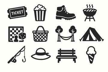 Recreational icon set featuring camping, outdoor activities, and leisure items