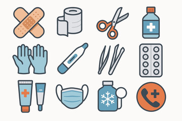 Obraz premium Medical supplies icons: bandages, thermometer, scissors, gloves, pills, mask, bottle