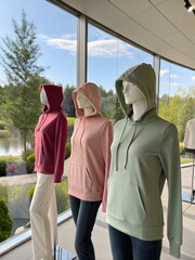 Obraz premium Mannequins displaying colorful hoodies in front of a large window with a scenic outdoor view