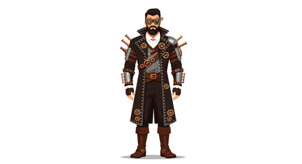 Obraz premium Steampunk character standing with a long coat and gears on his shoulders and arms