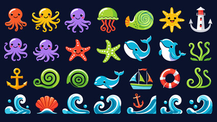 Cartoon sea life elements featuring octopus starfish dolphin and nautical icons set