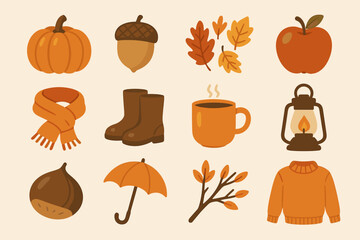 Autumn icons: pumpkin, acorn, leaves, apple, lantern, cozy sweater