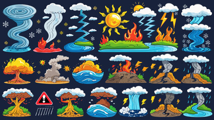 Illustration showing various natural disasters like tornadoes, floods, and wildfires