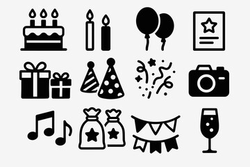 Celebration icons: cake, balloons, gifts, and more party symbols
