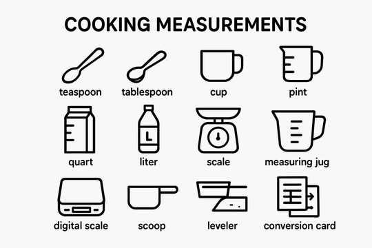 Cooking measurement icons: teaspoon, tablespoon, cup, pint, and more
