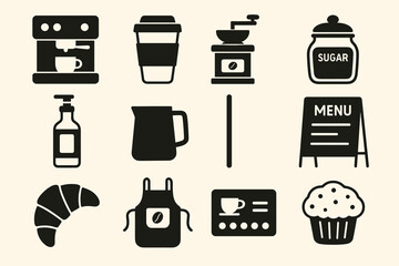 Coffee shop essentials: icons of machines, cups, grinders, and bakery items