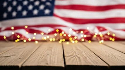 A rustic wooden table displays a string of warm fairy lights in front of a blurred american flag