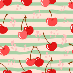 Cherries seamless pattern on green and broken white stripe background. Hand drawn cute cherry and love pattern.