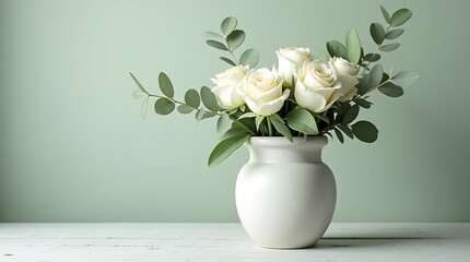 Obraz premium “Whispered Botanicals: White & Green Minimalist Floral Still Life, Mockup for workspace concept