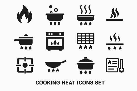 Cooking heat icons set: stove, oven, pot, grill, flame illustrations for kitchen