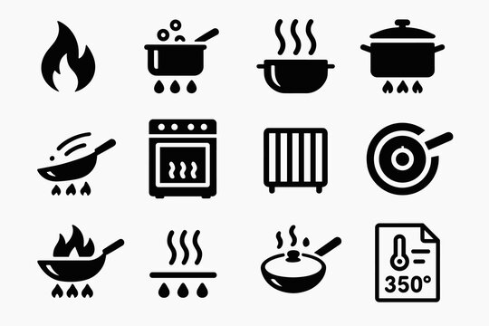 Black cooking icon set featuring pots, pans, flames, oven, and temperature