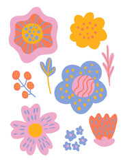 Set of abstract retro flower in funky groovy style. Collection of spring colorful flower elements.
