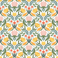 Colorful flower seamless pattern with folk art design elements. Decorative floral pattern for textile, fabric, wallpaper, background.